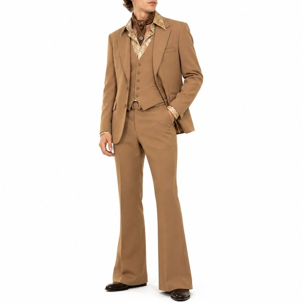 70s Vintage Tan 3 Piece Suit Mens 40R Pick Stitch Vest Flare Pants Big Lapel Mod